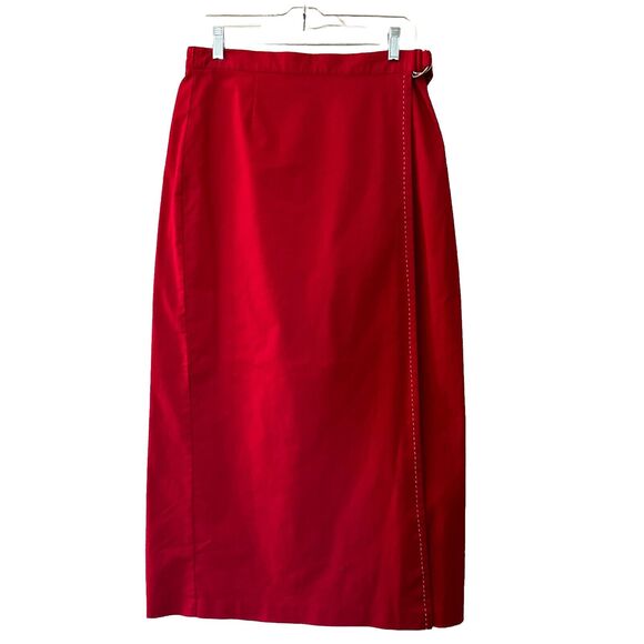 Red Wrap Skirt Vintage Midi Skirts Women's Stretchy Elastic Button Size 12 - Picture 1 of 12